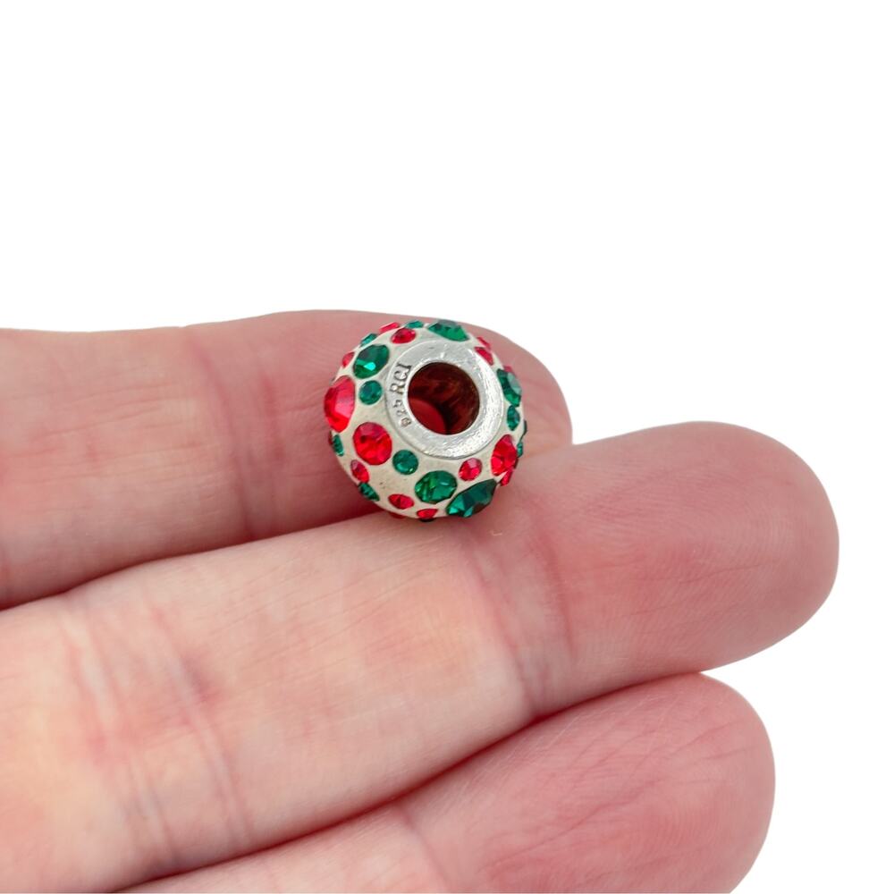 Sterling Silver 925 Red Green Crystal Pave Holiday Charm Bead